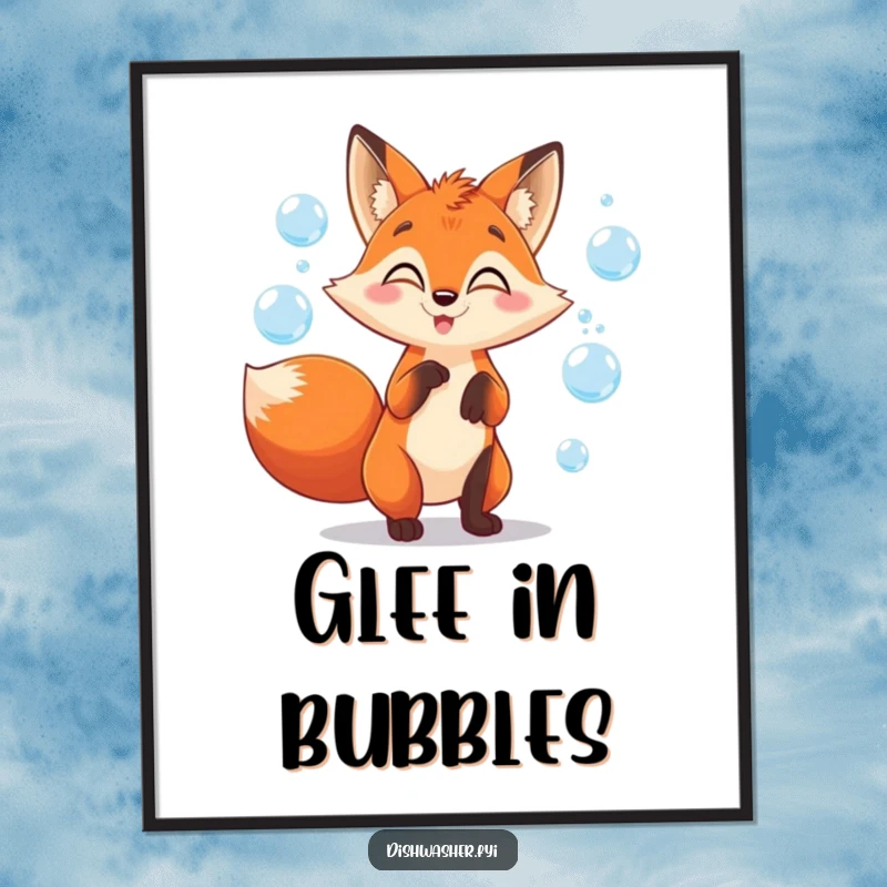 Funny fox digital art print of a mischievous fox character gleefully juggling soap bubbles, bringing instant playful humor to any room.
