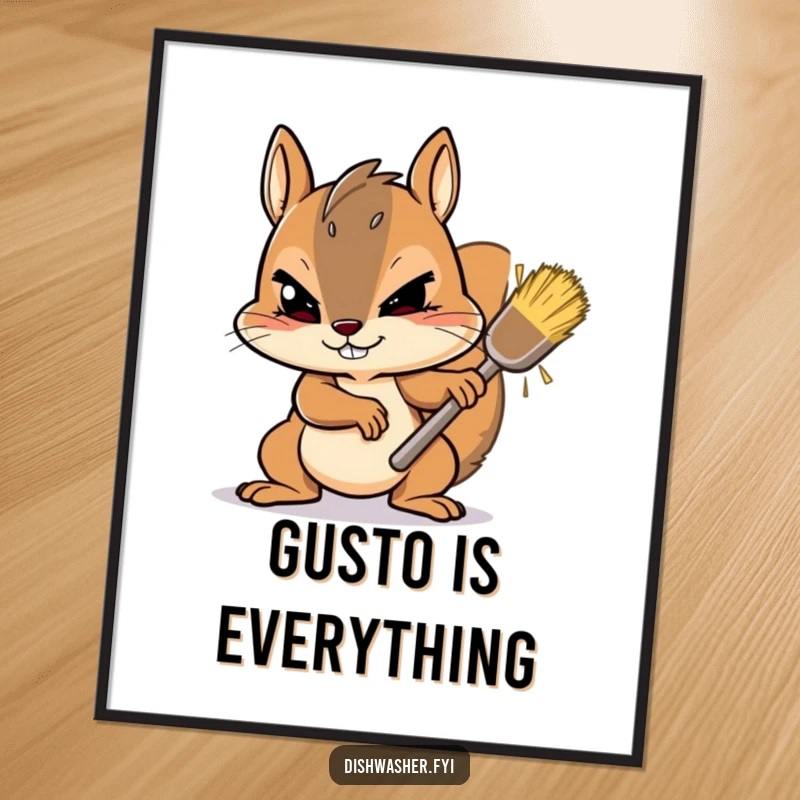 Funny Digital Art Print of a determined squirrel character scrubbing a stubborn spot with gusto, perfect for adding hardworking, humorous decor.