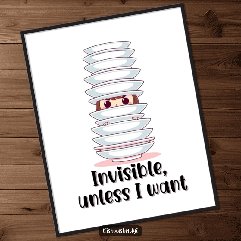 Funny hiding character digital art print showing a mischievous character behind clean plates, bringing playful humor and mystery to any display or print.