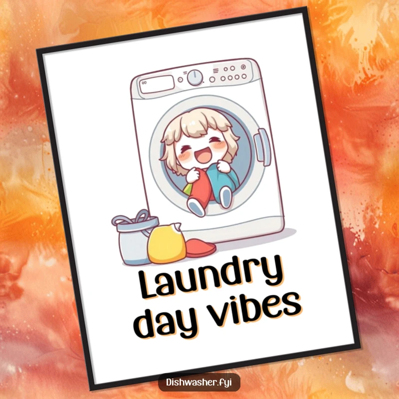 Funny spirited character gleefully tossing clothes into a washing machine on a vibrant digital art print.
