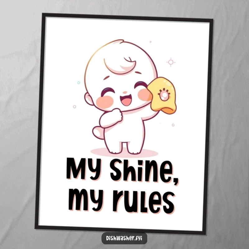 Funny digital art print of a gleeful character polishing a glass, capturing the essence of joyful tidiness.