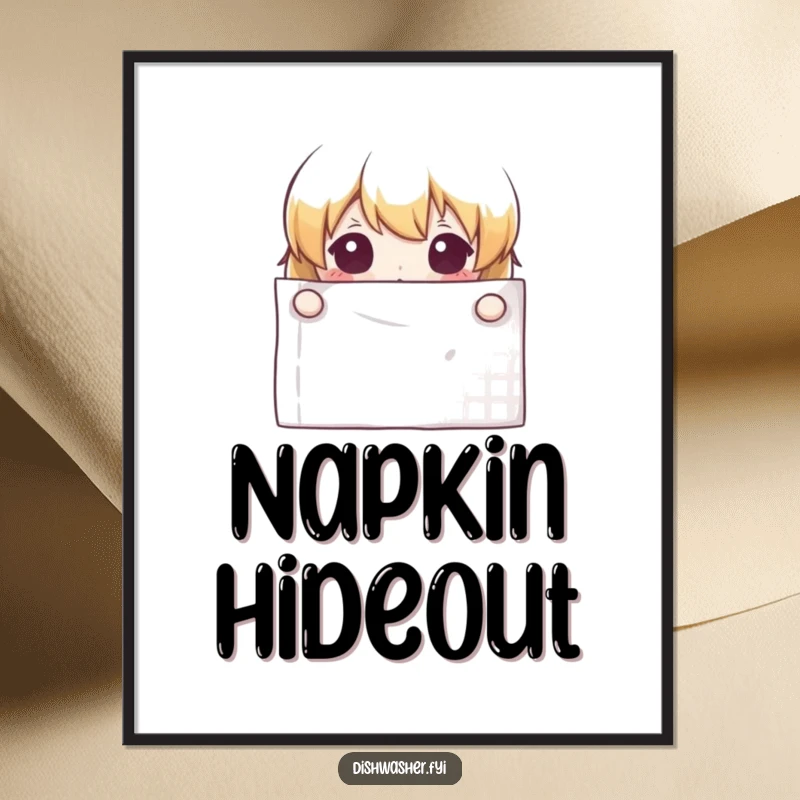 Funny curious character giving a sly peek from behind a clean napkin on a delightful digital art print.