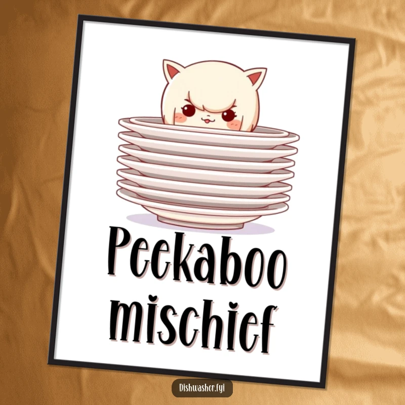 Funny digital art print of a mischievous character hiding behind a stack of clean plates, perfect for adding instant playful mystery and secret fun.