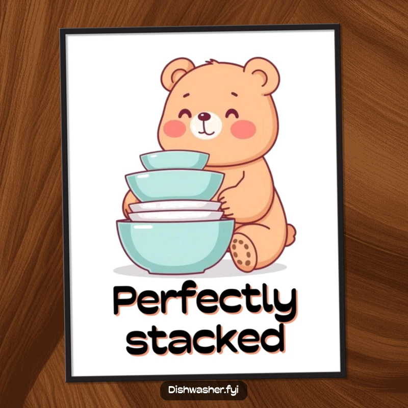 Funny digital art print of a whimsical bear smiling at a neat stack of freshly washed dishes, adding humorous cheer to screens.