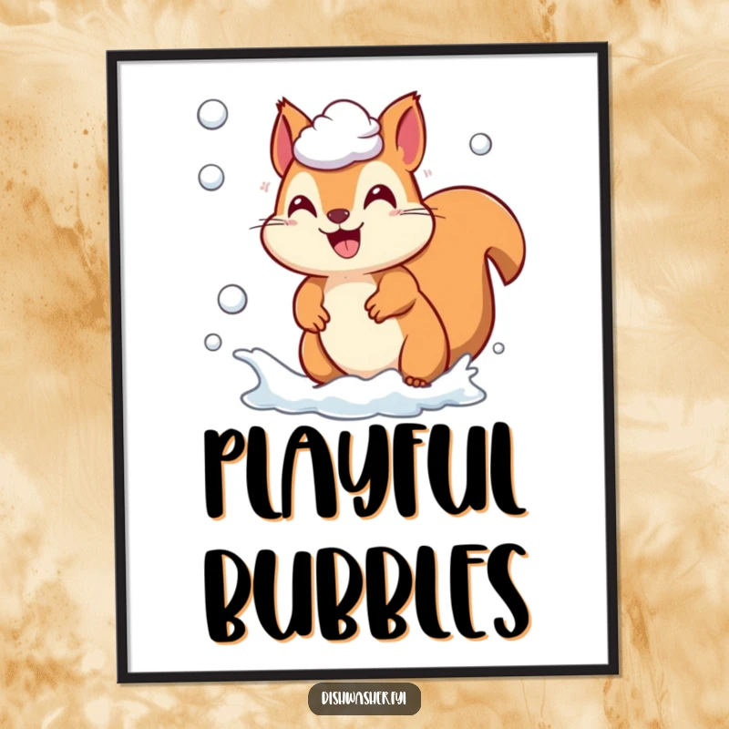 Funny playful squirrel character chasing soap suds digital artwork, energetic and cheerful, ready for printing as humorous decor, ideal funny gift.