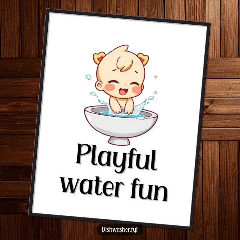 Funny digital art print of a giggling character joyfully splashing water from a sink. Instant downloadable humor for any home or office.