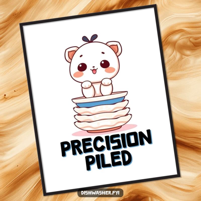 Funny digital art print of a determined character cheerfully stacking clean plates with precision, celebrating order with humor.