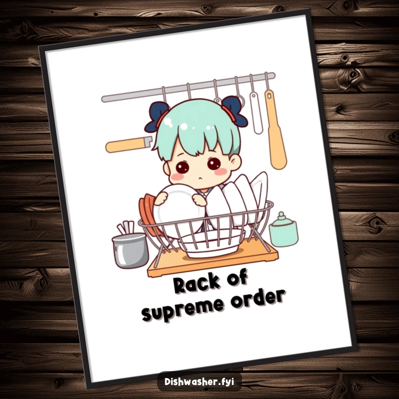 Funny digital art print: a determined character with intense focus arranging dishes in a drying rack, conveying humorous orderliness.