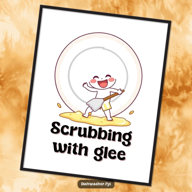 Funny digital art print of a cheerful character scrubbing a plate with gusto, perfect for instant download and humorous decor.