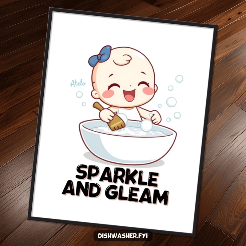 Funny digital art print of a cheerful character gleefully scrubbing a sparkling dish with bubbles, perfect for adding tidy wall decor.