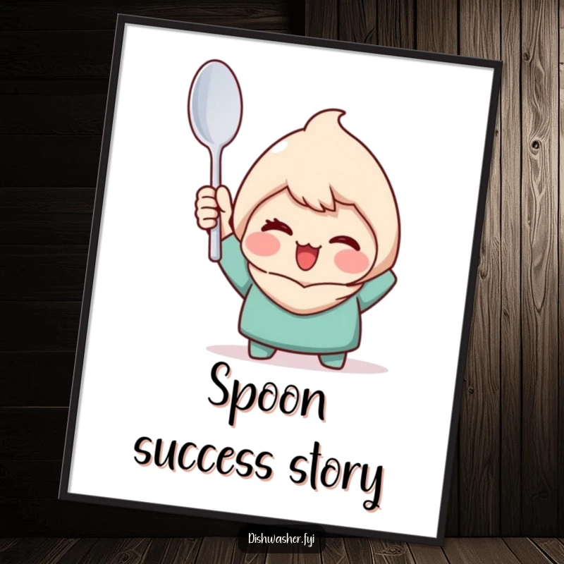 Funny digital art of a character triumphantly holding a perfectly clean spoon with a wink, ideal for triumphant digital decor.