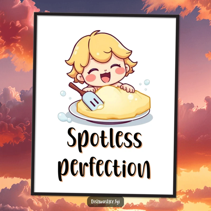 Funny digital art print of a happy character intensely scrubbing a plate with a large, bubbly sponge. Instantly downloadable humor for any home or office.