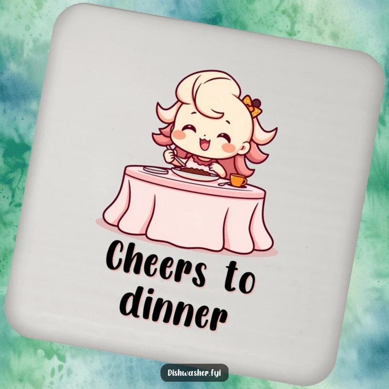 Funny beaming character setting a table with a flourish on a protective drink coaster, adding elegance to surfaces.