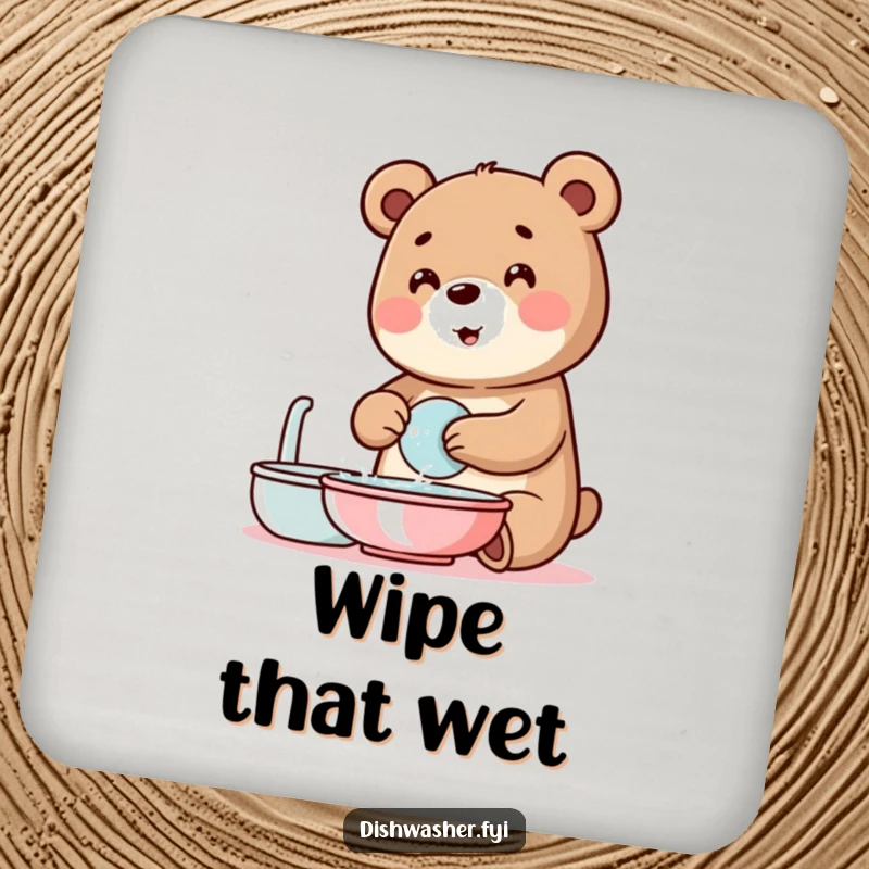 Funny bear coasters featuring a cheerful bear washing dishes with bubbles, offering surface protection and a humorous, clean touch.