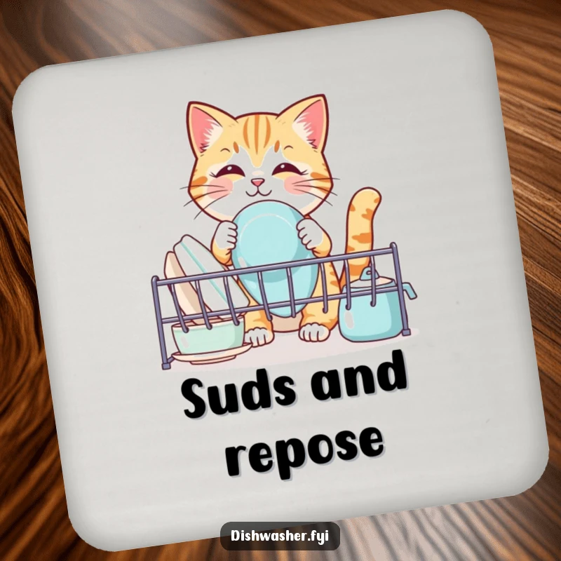 Funny cat coasters, depicting a cute cat arranging clean dishes in a rack, humorous drink coasters to protect furniture.