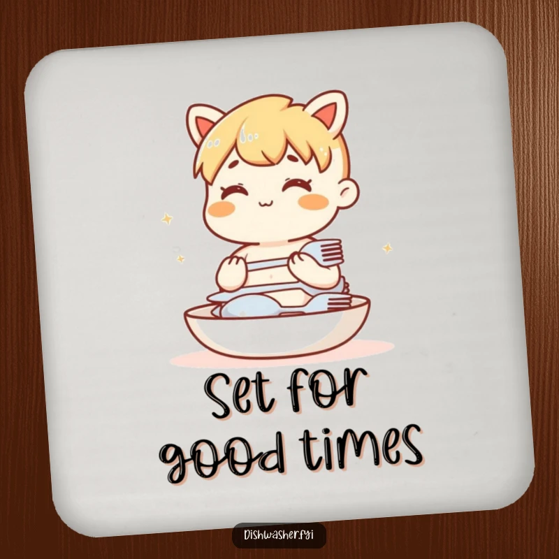 Funny drink coaster with a calm character neatly stacking clean cutlery. Protects surfaces with organized humor.