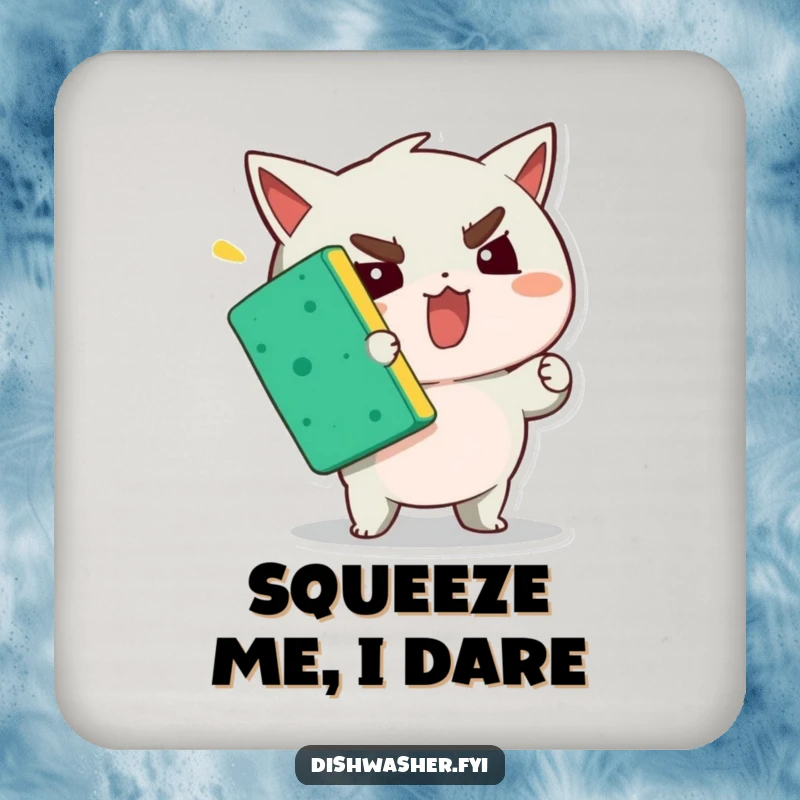 Funny drink coaster featuring a character using all its might to squeeze a sponge, a humorous symbol of determination.