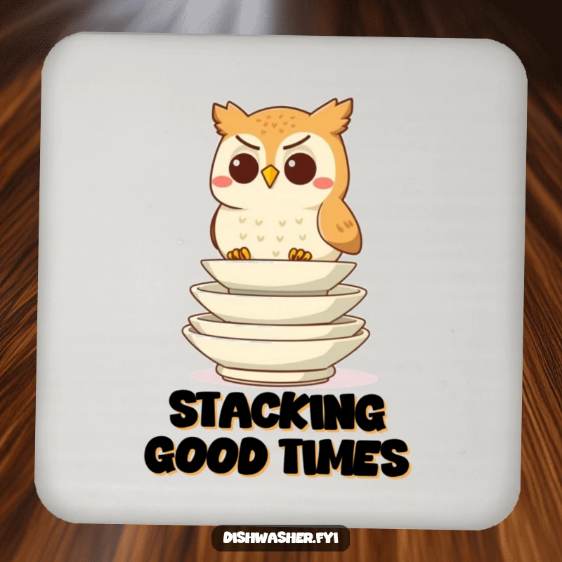 Funny determined owl character stacking plates on a drink coaster, adding playful protection and order, delightful funny gift.