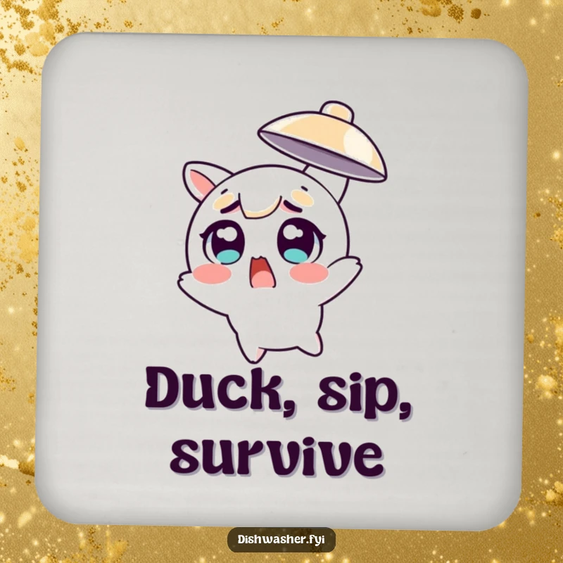 Funny character with wide eyes dodging a flying dish on a drink coaster, adding a humorous touch to any table.