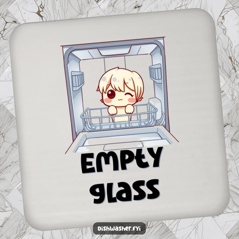 Funny Drink Coasters: A character peeking into an empty dishwasher, protecting surfaces with charm and a touch of domestic mystery.