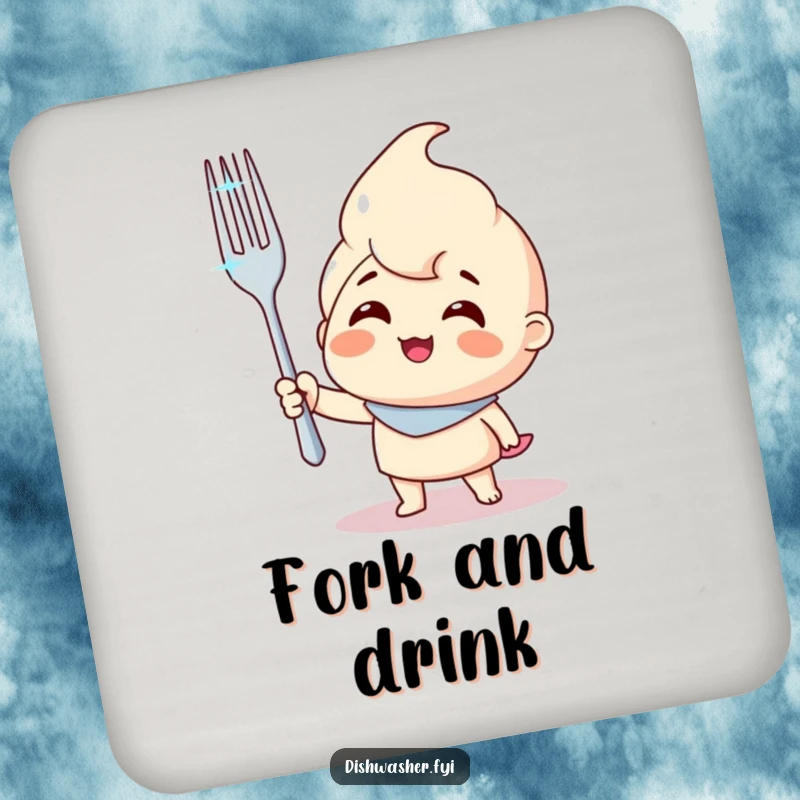 Funny drink coaster featuring a smiling character holding a sparkling clean fork, protecting surfaces with humorous, triumphant charm.