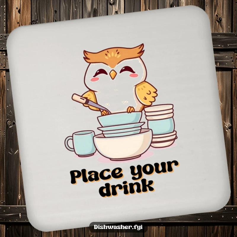 Funny Giggling Owl Coaster Set, showing a joyful owl neatly stacking clean dishes, protecting furniture with humor.