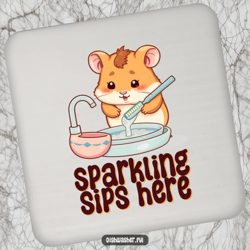 Funny drink coaster showcasing a hamster with a tiny toothbrush, meticulously trying to wash a dish, adding humor to any table.