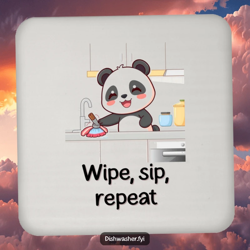 Funny Panda Coaster: A joyful panda character cleaning a kitchen counter, adding a humorous touch to drink protection.