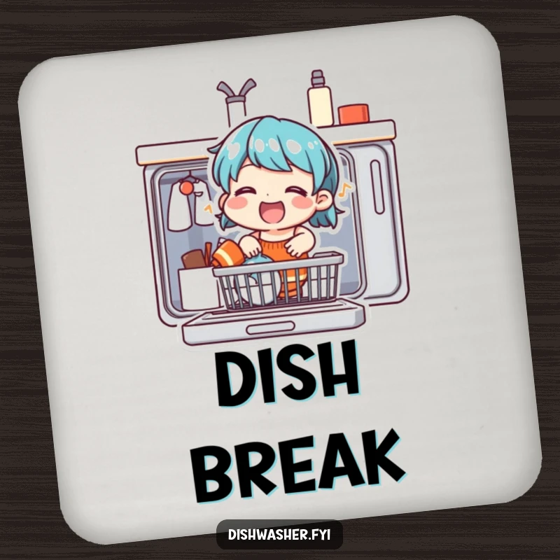 Funny drink coaster with a cheerful character singing while loading a dishwasher, protecting tables with musical humor.