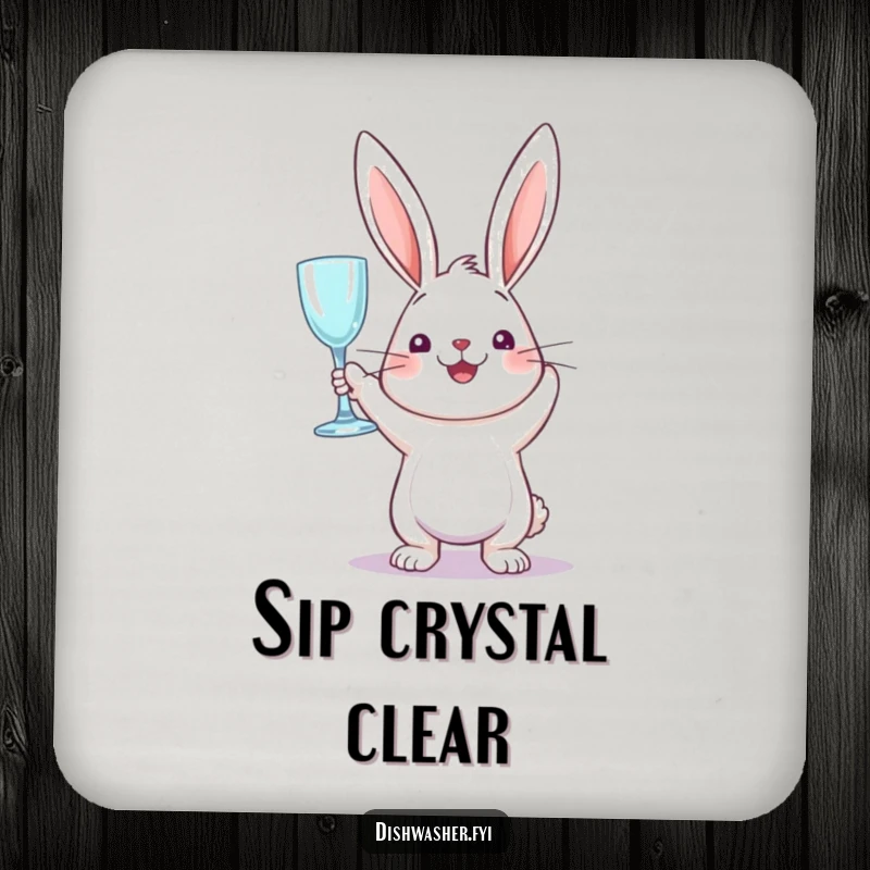 Funny drink coaster featuring a perky rabbit triumphantly holding a sparkling clean glass, offering humorous surface protection.
