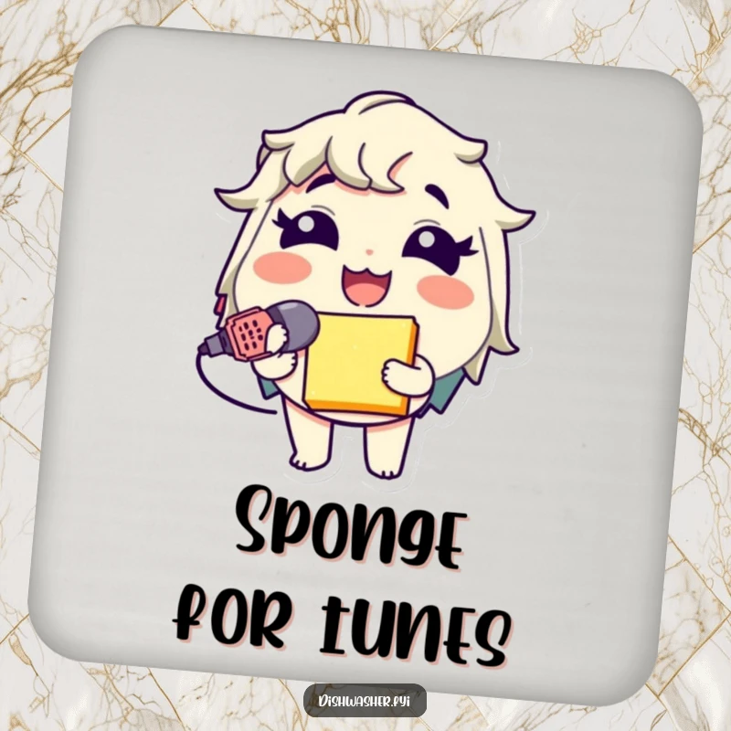 Funny Sponge Mic Drink Coaster featuring a giggling character using a sponge as a microphone, protecting surfaces with music humor.