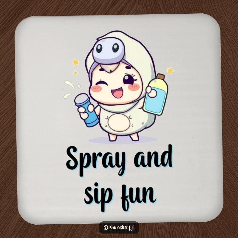 Funny drink coaster featuring a happy character energetically spraying cleaning liquid with a wink, protecting surfaces with a dynamic, humorous design.