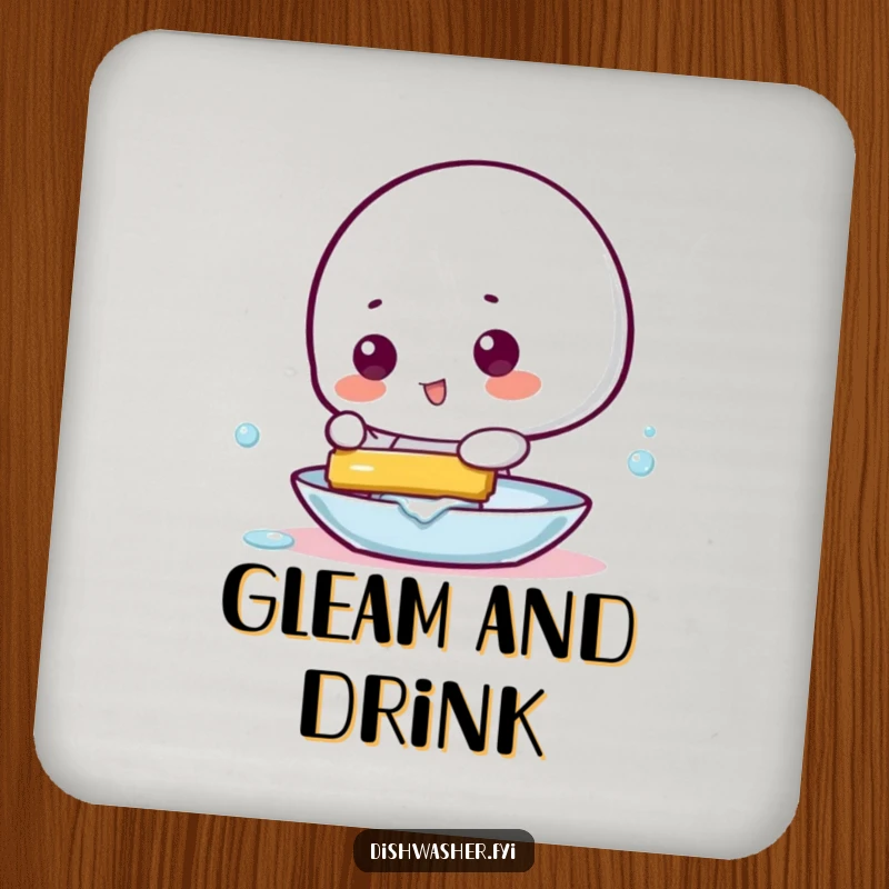 Funny drink coaster with a playful character using a squeegee to make a dish gleam, protecting tables with humor.