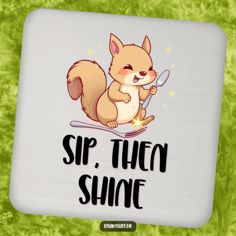 Funny squirrel coasters, showing a happy squirrel putting away sparkling cutlery, humorous coasters to protect furniture.