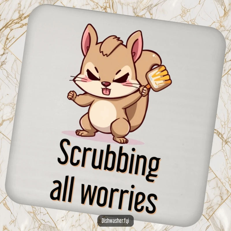 Funny squirrel coasters featuring a determined squirrel scrubbing a spot, offering surface protection and a humorous, tenacious touch.