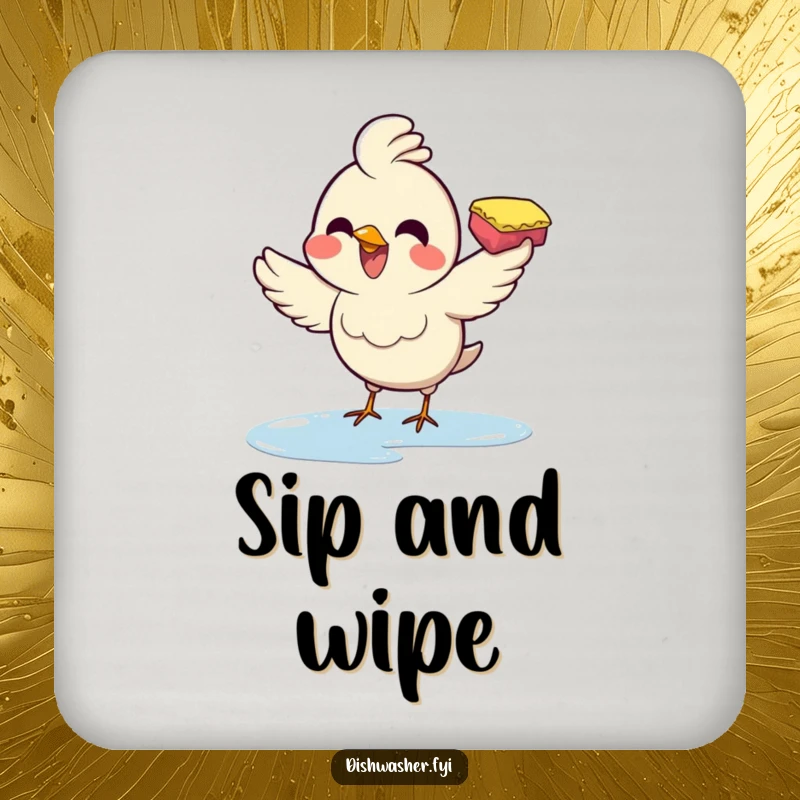 Funny drink coaster featuring a joyful bird enthusiastically wiping a surface with a sponge, offering humorous protection.