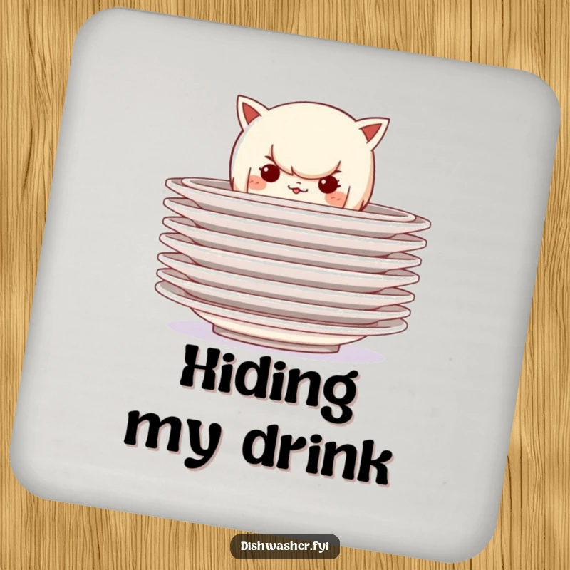 Funny drink coaster featuring a mischievous character hiding behind a stack of clean plates, adding playful mystery and secret charm to any tabletop.