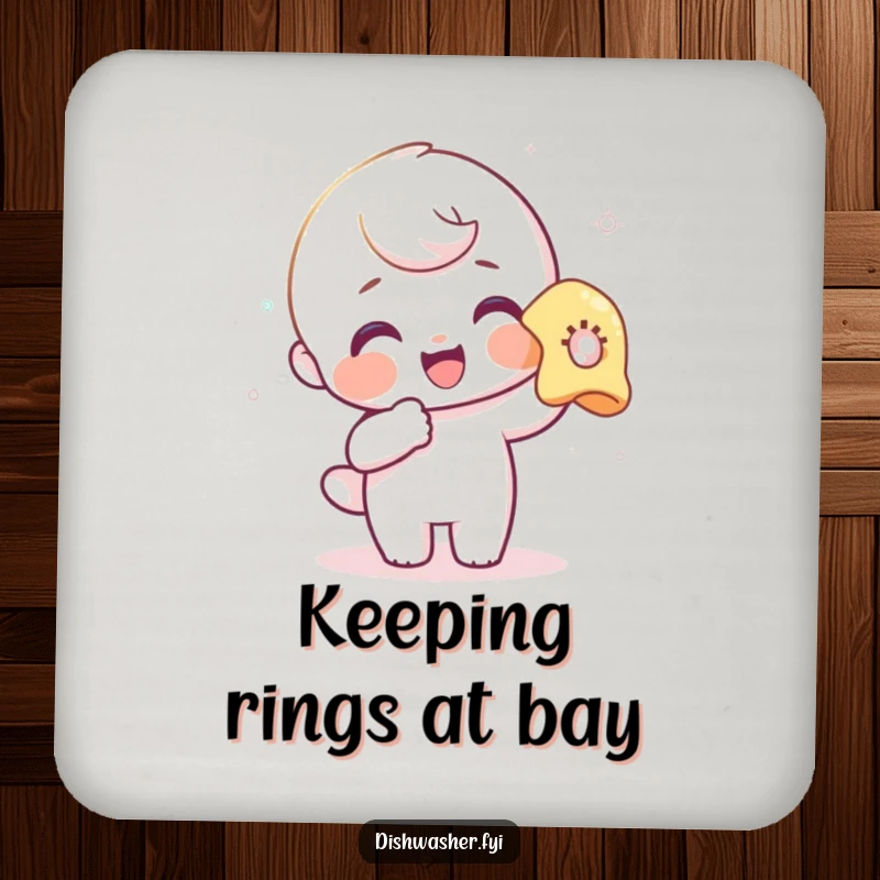 Funny drink coaster with a delighted character polishing a glass, adding a humorous touch to drink service.