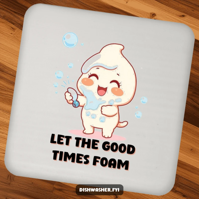 Funny coaster with a happy character joyfully spraying dish soap bubbles, representing clean fun and a positive vibe.