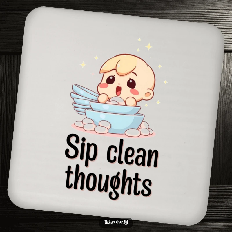 Funny drink coaster with a surprised character looking in disbelief at a sparkling clean pile of dishes. Protects surfaces with humor and charm.