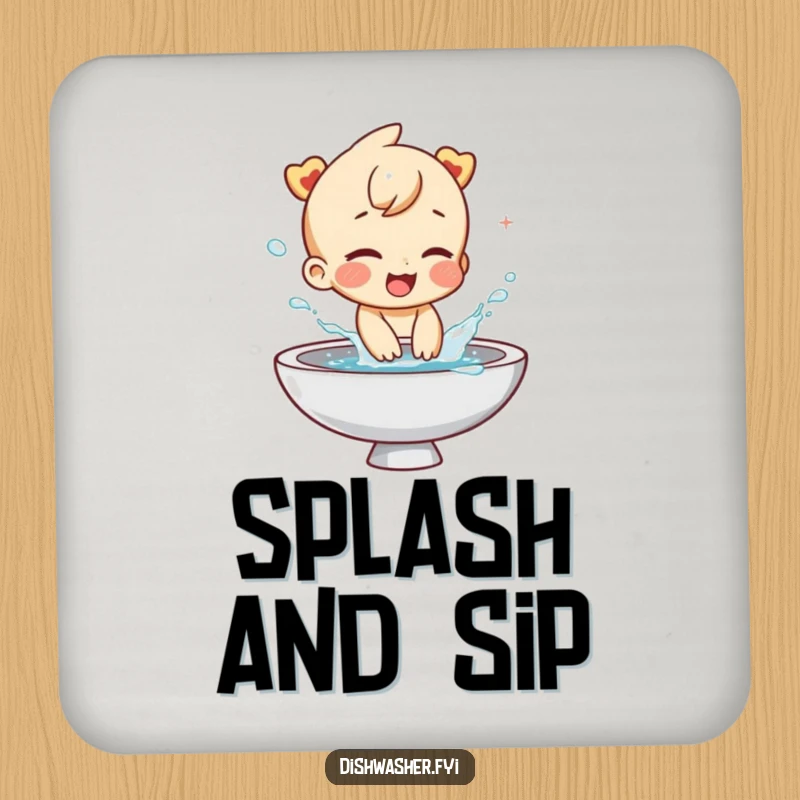 Funny drink coaster with a giggling character playfully splashing water from a sink. Protects surfaces with humor and a playful spirit.