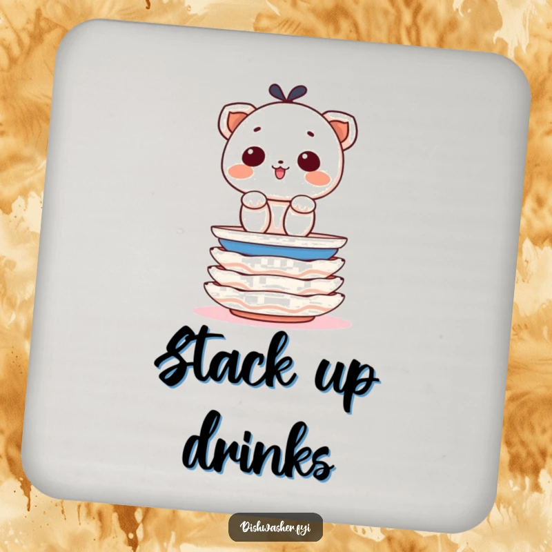 Funny drink coaster with a determined character cheerfully stacking clean plates with precision, adding organized humor to any surface.
