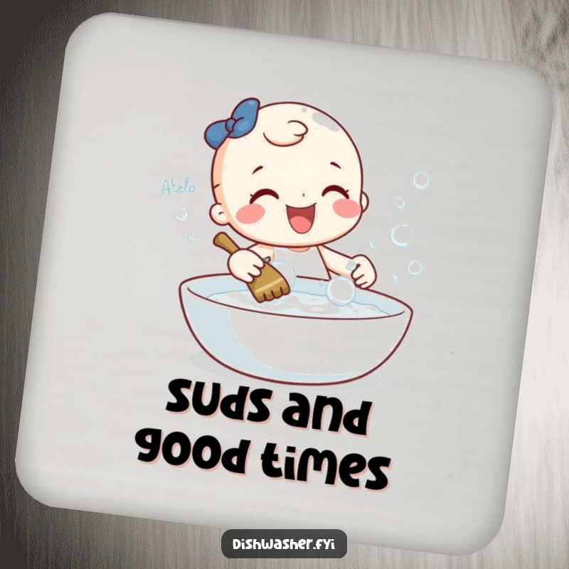 Funny drink coaster featuring a cheerful character gleefully scrubbing a sparkling dish with bubbles, protecting surfaces with a clean, humorous design.