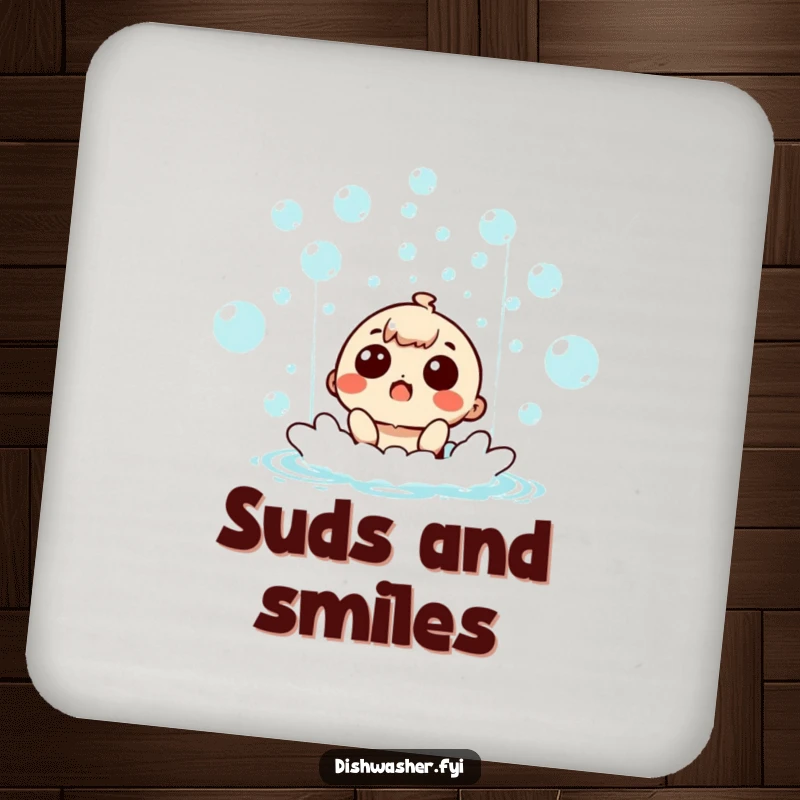 Funny surprised character in a bubble waterfall, smiling on a protective drink coaster, adding humor to any table.