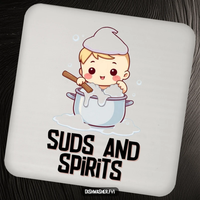 Funny drink coaster featuring a cute character scrubbing a pot with bubbles, a humorous and protective accessory.