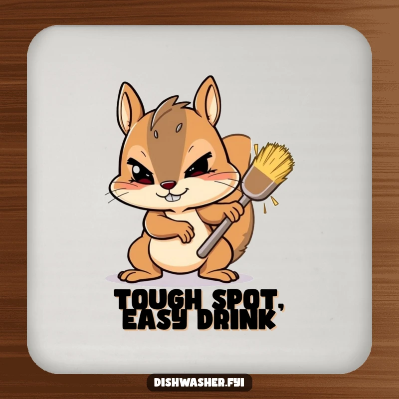 Funny Coaster featuring a determined squirrel scrubbing a stubborn spot with gusto, adding hardworking humor and protection to your furniture.