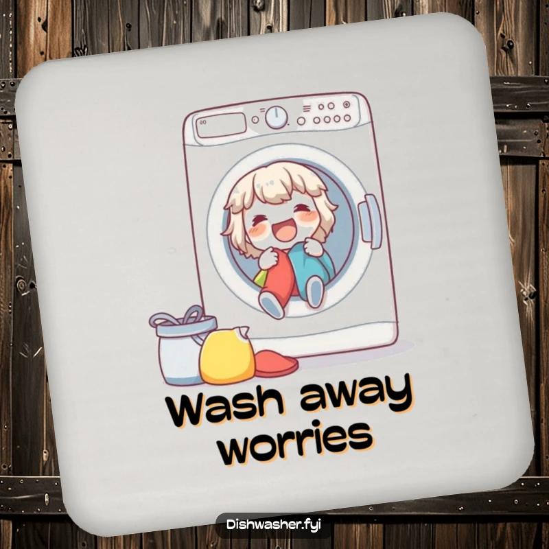 Funny spirited character joyfully loading a washing machine on a protective drink coaster, adding cheer to surfaces.