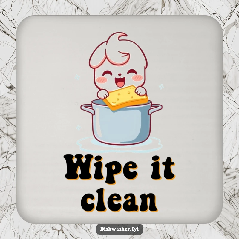 Funny drink coaster with a character gleefully scrubbing a pot with a bubbly sponge, adding humor to beverage service.