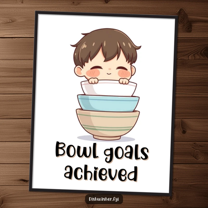 Funny Bowl Master Poster featuring a character admiring stacked bowls, adding tidiness and domestic bliss humor to wall decor.