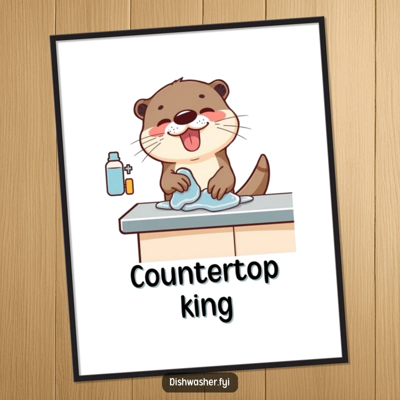 Funny poster art depicting an otter with extreme enthusiasm, energetically scrubbing a kitchen counter, embodying the joy of cleanliness.
